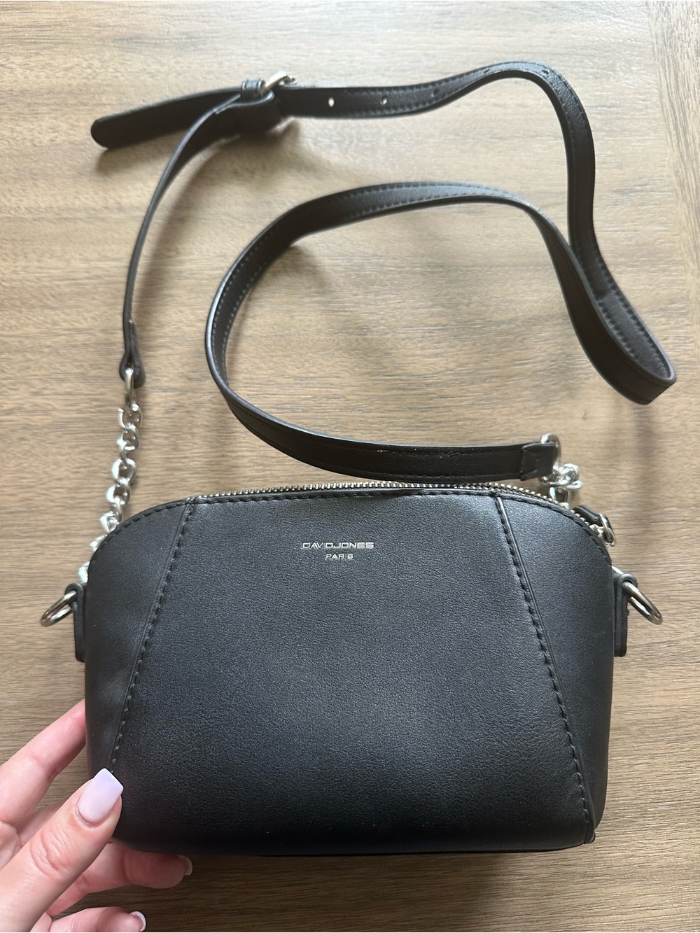 DAVIDJONES Black Leather Crossbody with Chain Accent